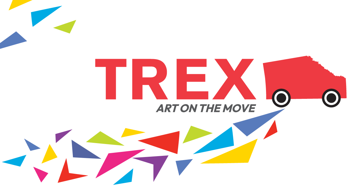 A red shape of the province of Alberta on its side with wheels on it, so it looks like a truck, and multicoloured triangles shoot out from the back wheels