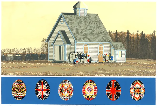 An artwork of a group of people gathered outside of a church in a remote location with a yellow sky and trees in the background. Underneath are six decorated Easter eggs of varying designs. 