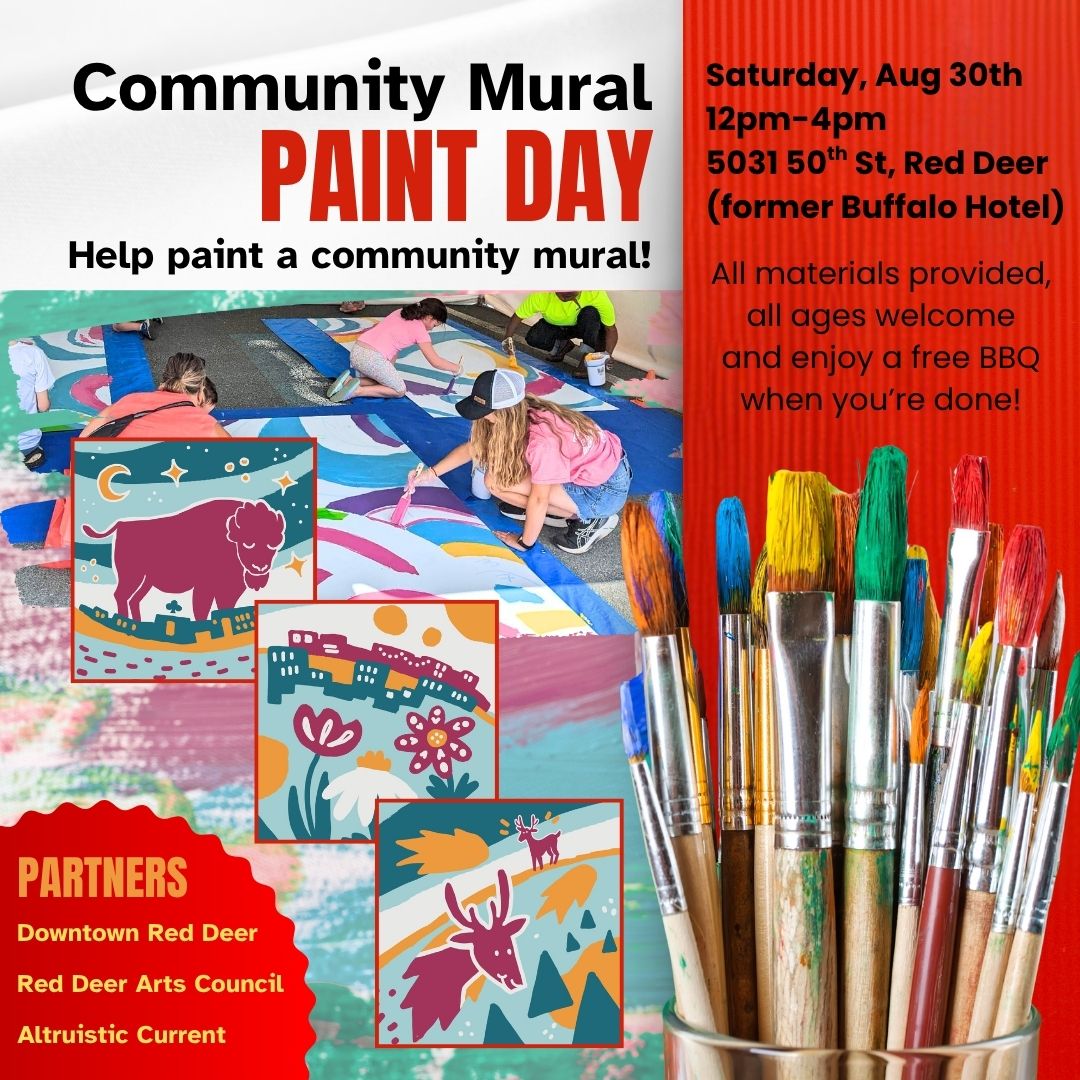 Graphic of Community Mural Paint Day featuring children painting bright canvases as a promotion for the event happening on August 30