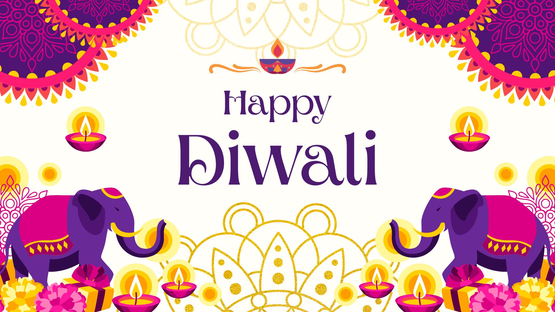 A graphic with text saying "Happy Diwali" featuring two elephants flanking the texts. Colors of the graphics are in purple and yellow.g the text