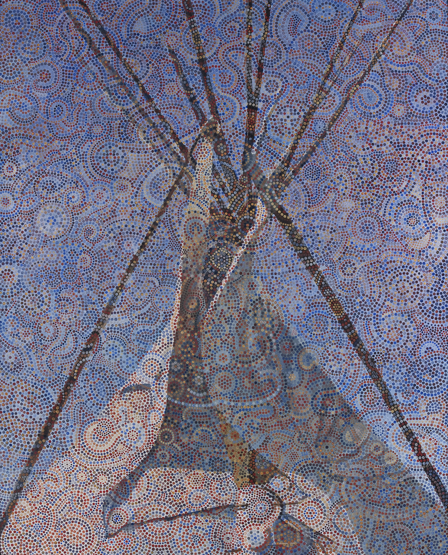 An artwork depicting the top of a tipi set against a beadwork-like pattern.