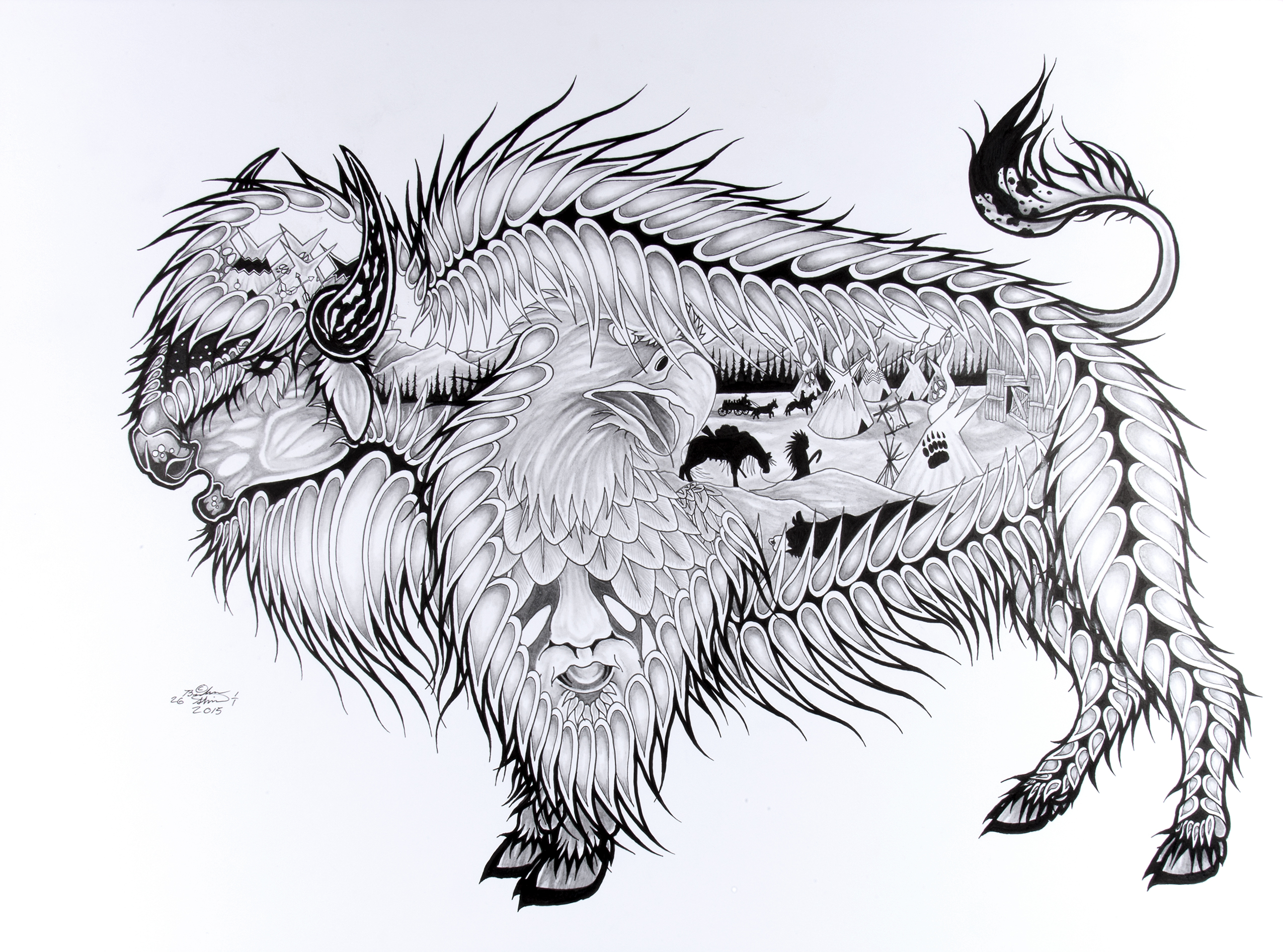 An intricate pen-drawn artwork depicting a bison with layers of other imagery inside it, which includes tipis, horse and carriage, birds, and a fort. 