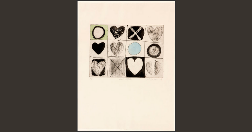 Drawings of hearts and circles with the letter X drawn through some of them laid out in three rows over a white background.