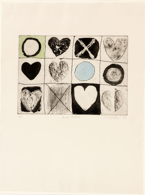 Drawings of hearts and circles with the letter X drawn through some of them laid out in three rows over a white background.