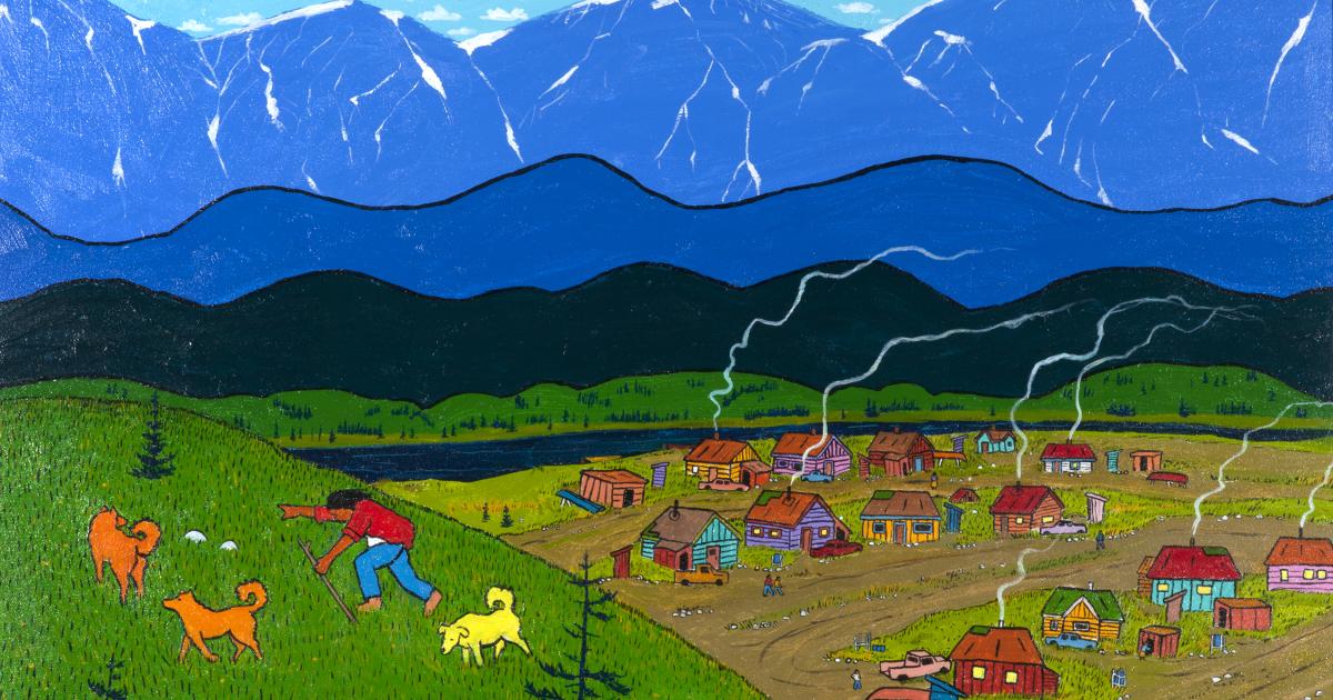 An artwork depicting a mountain landscape with clouds in the sky and foliage, houses, and dogs on the green grass.