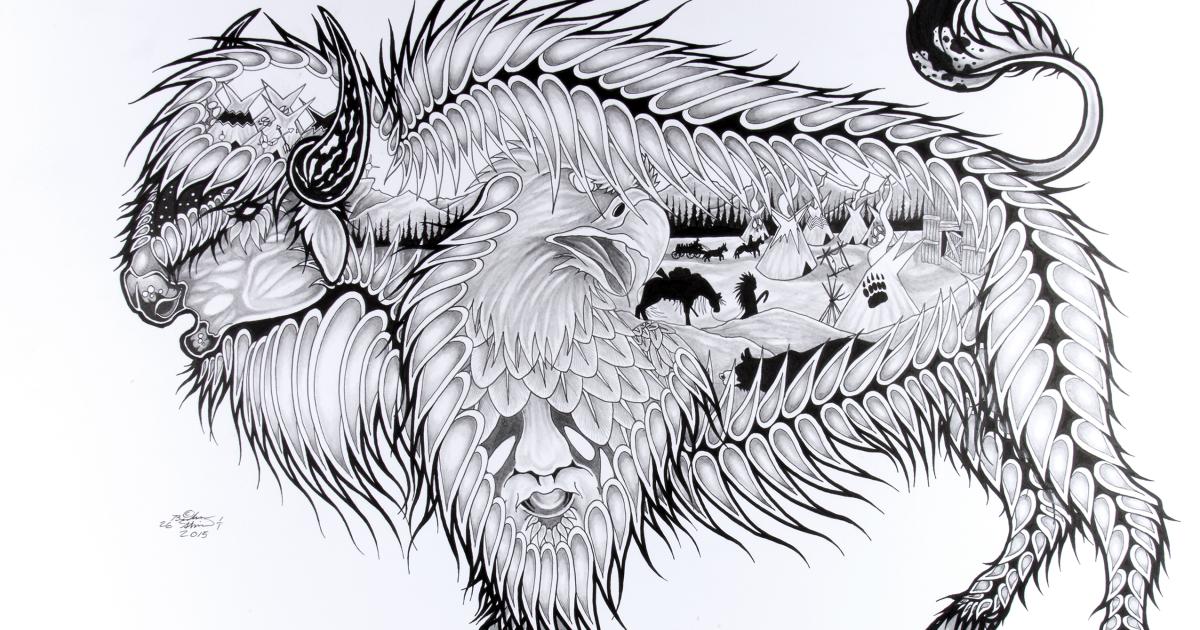An intricate pen-drawn artwork depicting a bison with layers of other imagery inside it, which includes tipis, horse and carriage, birds, and a fort. 