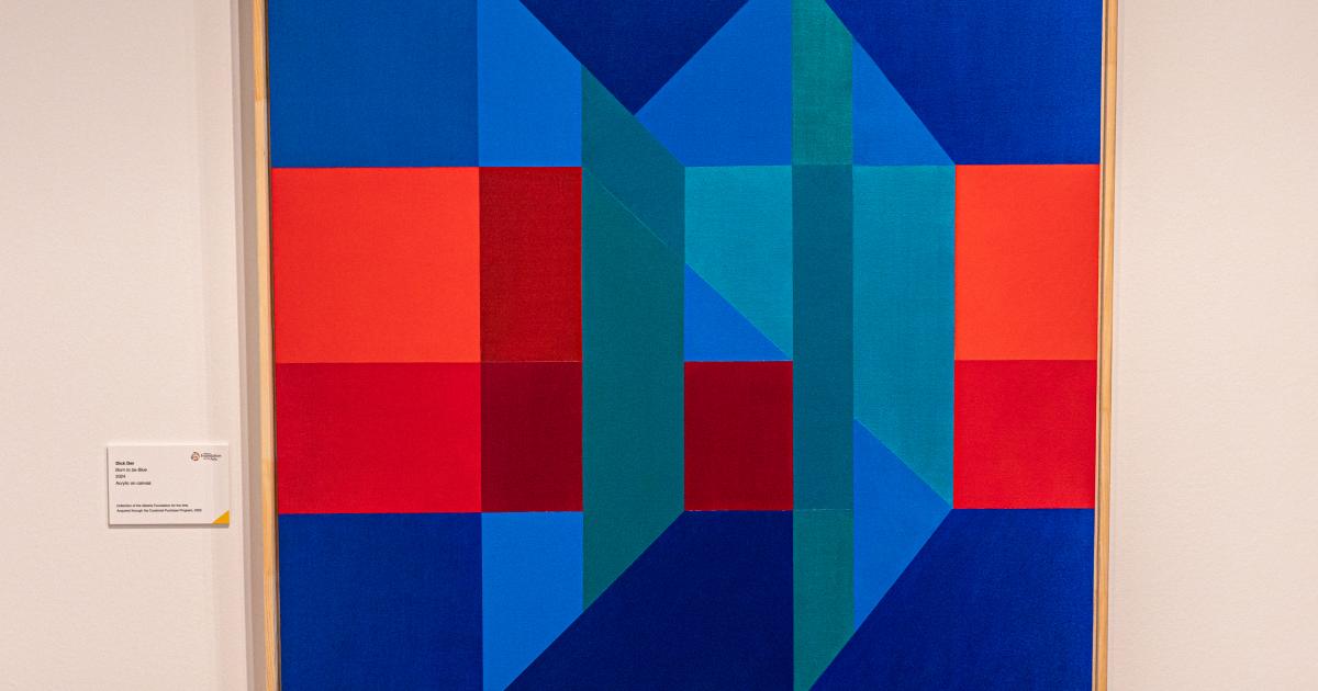 Installation photo of an artwork by Dick Der, Born to Be Blue, 2024 acrylic on canvas Collection of the Alberta Foundation for the Arts