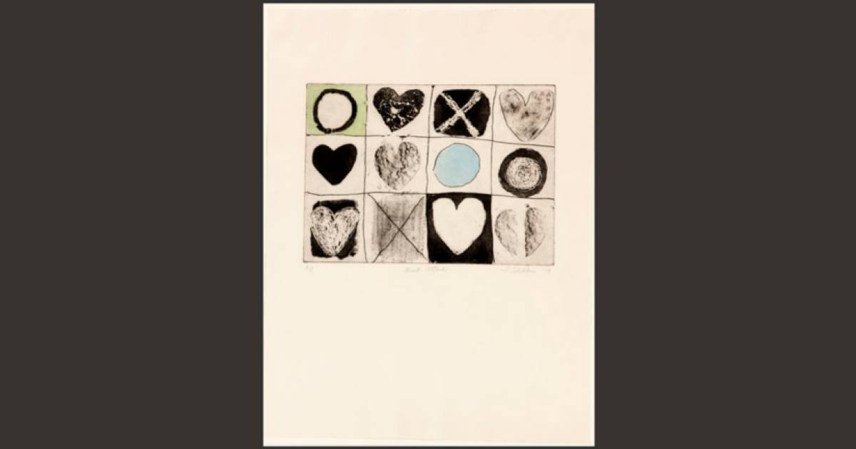 Drawings of hearts and circles with the letter X drawn through some of them laid out in three rows over a white background.