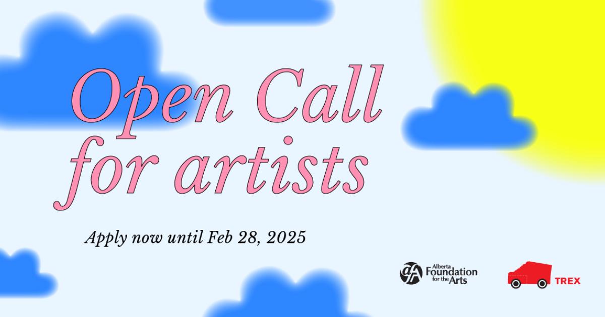 text based poster Open Call for Artists on a sky blue background with clouds