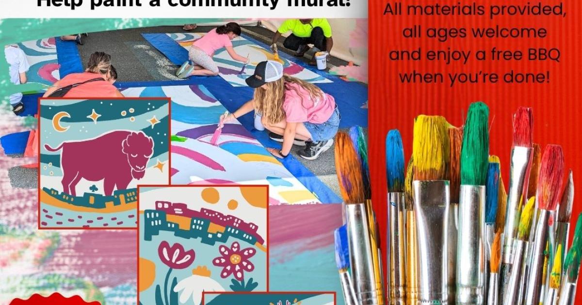 Graphic of Community Mural Paint Day featuring children painting bright canvases as a promotion for the event happening on August 30