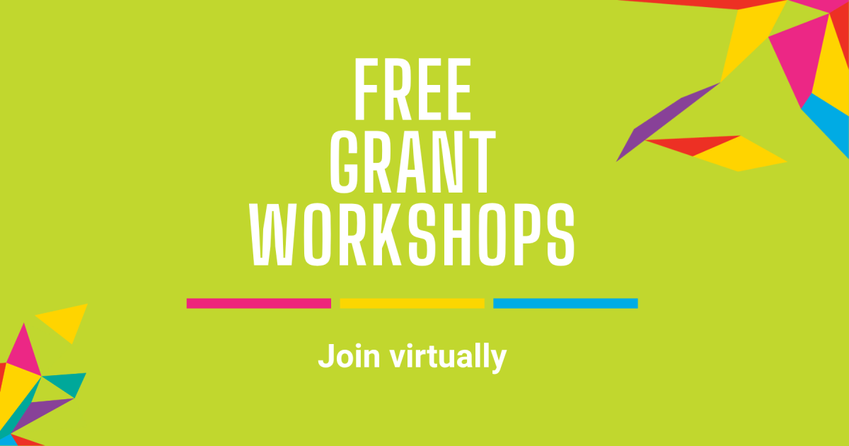 Text poster that says "Free Grant Workshops" on a green background