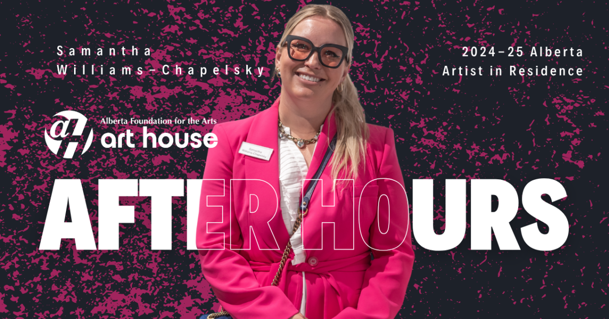A blonde woman in a pink jacket and pink glasses stands in front of the After Hours text