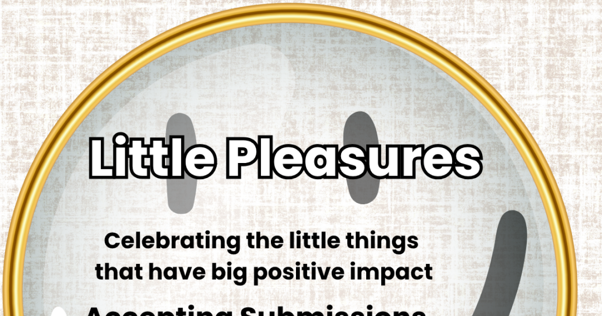 Graphic of the Pumphouse Theatre's Little Pleasures exhibit with a call for submissions. Text is printed over a graphic of a smiley face.