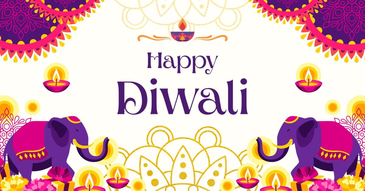 A graphic with text saying "Happy Diwali" featuring two elephants flanking the texts. Colors of the graphics are in purple and yellow in the text