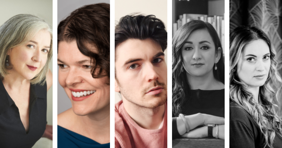 A collage of five authors nominated for the 2026 Alberta Literary Awards. From left to right: Karen Hines, Jennifer Bowering Delisle, Jason Purcell, Stephanie Tamagi, and Aldona Dziedziejko. 