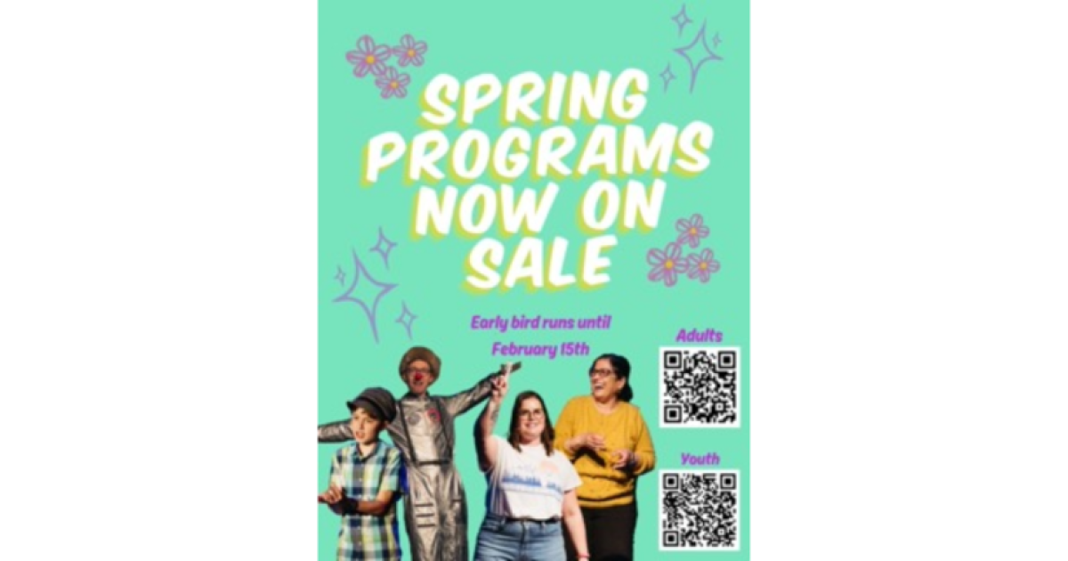 Grindstone Theatre poster featuring four young people performing in front of a lime green background