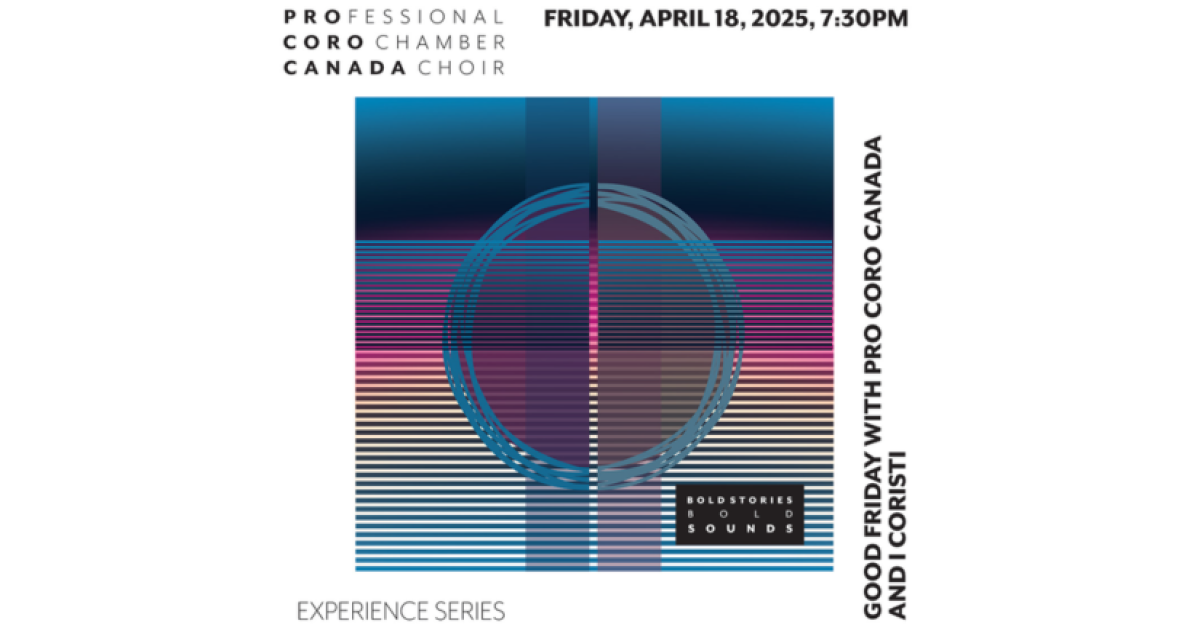 ProCoro concert poster for a Good Friday concert with date, location and time listed around an abstracted blue and purple sphere