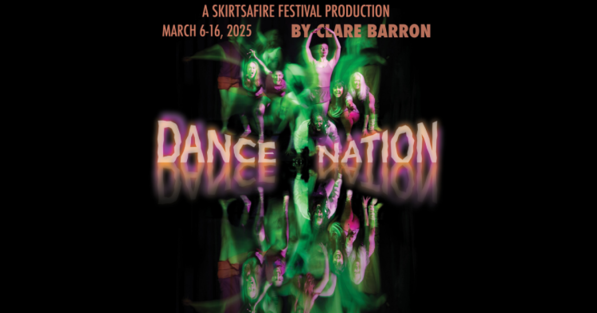 Dance Nation poster featuring seven blurred dancers in front of a black background with green smoke swirling around them with their upside down reflections beneath them.