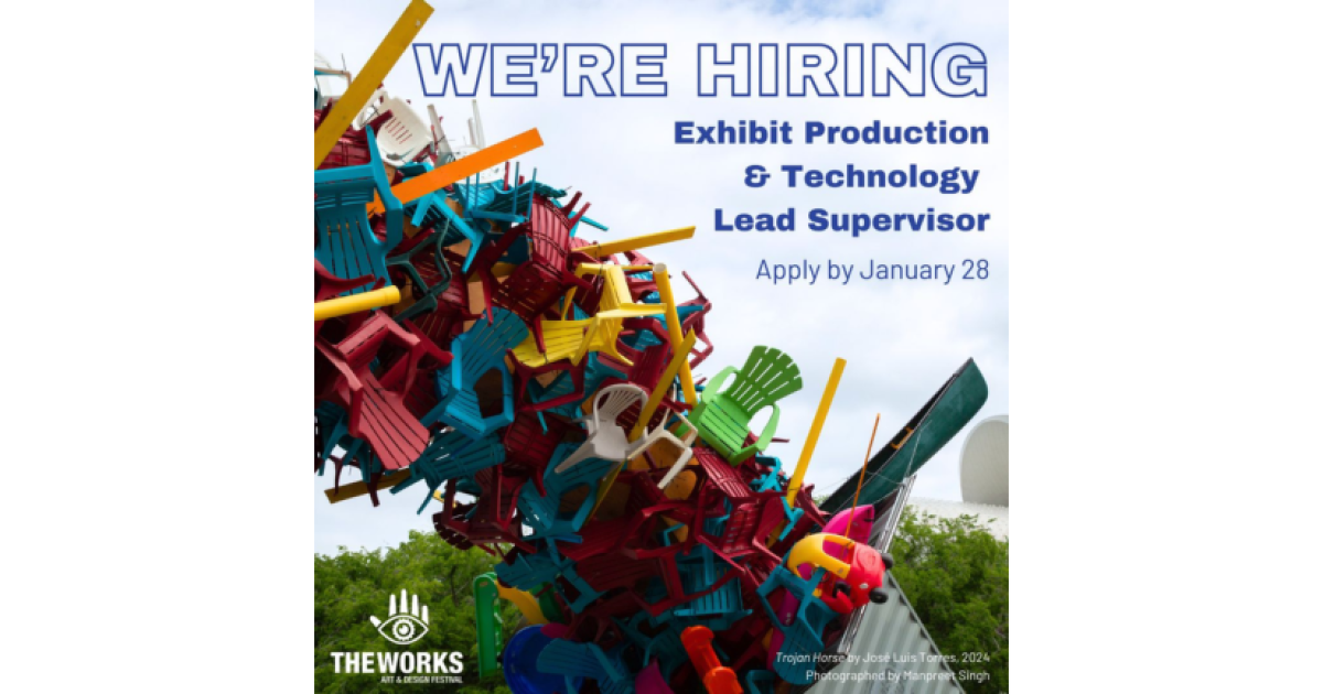 Job ad poster that includes a photo of part of a sculpture called Trojan Horse by Jose Luis Torres. The sculpture is dozens of multicolored lawn chairs glued together in a free-standing arch that stretches up across the sky.