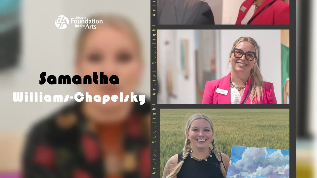 A collage of Samantha Williams-Chapelsky. The AFA logo is placed at the top of the screen. Samantha WIlliams-Chapelsky is written in old text on the center of the screen over a blurred image of Samantha.